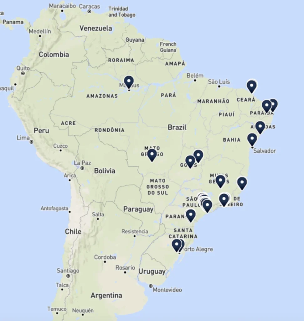 Mapa de los centros de datos que existen hoy en Brasil. Fuente: Servicio de Investigación de Centros de Datos de TeleGeography