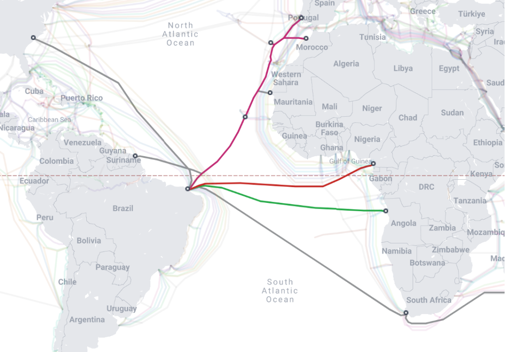 Mapa de los sistemas de cables submarinos que conectan Brasil con África y Europa, existentes y proyectados. 