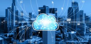 Representación visual de la infraestructura de Internet y servicios en la nube conectando una red urbana global.