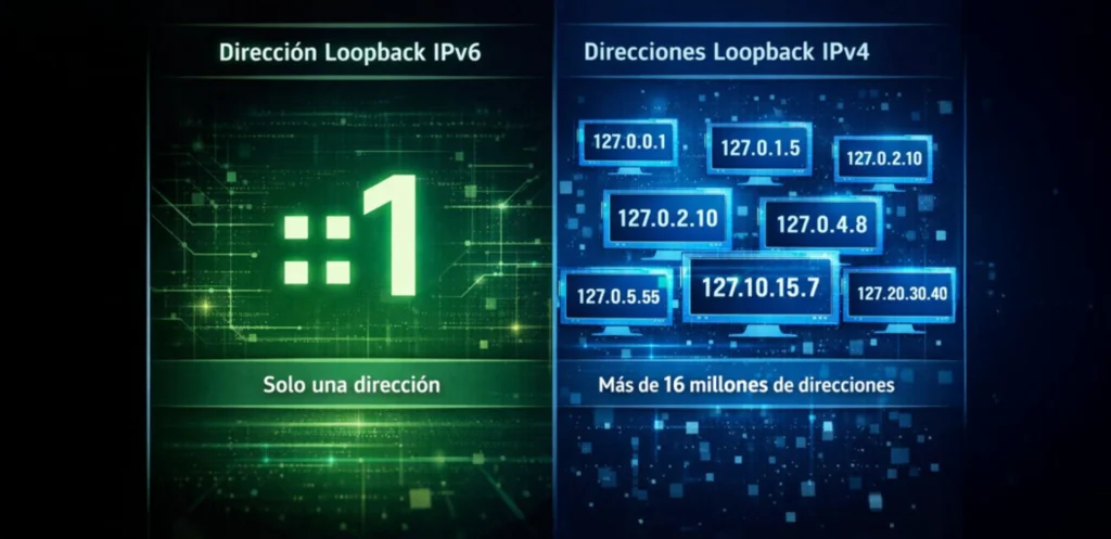 Comparación entre la dirección loopback de IPv6 (::1), que es una sola dirección, y el rango loopback de IPv4 (127.0.0.0/8), que permite más de 16 millones de direcciones.
