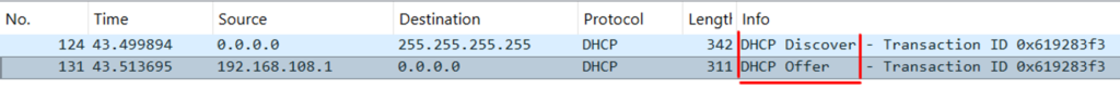 Captura do fluxo DHCP mostrando a interrupção do processo DORA após a sinalização da Option 108, evidenciando a decisão do cliente de não prosseguir com a obtenção de endereço IPv4.