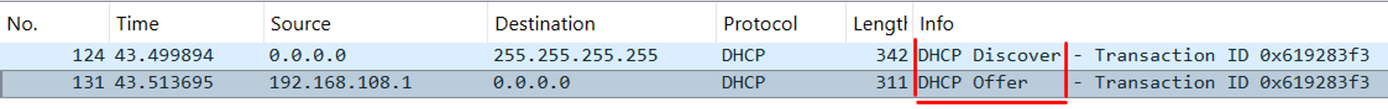 Figura 1 - Captura del flujo DHCP que muestra la interrupción del proceso DORA tras la indicación de la Opción 108, destacando la decisión del cliente de no continuar con la obtención de una dirección IPv4.