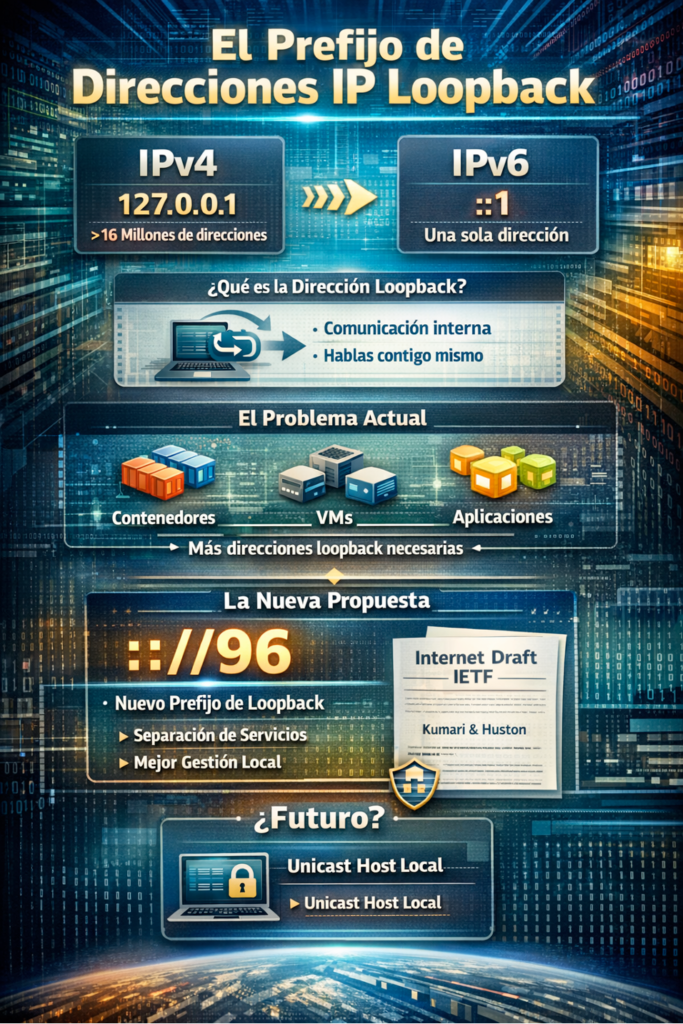 Infografía que explica el prefijo de direcciones loopback en IPv4 (127.0.0.1) y en IPv6 (::1), mostrando el problema actual con contenedores y máquinas virtuales y una propuesta de nuevo prefijo ::/96 para loopback.