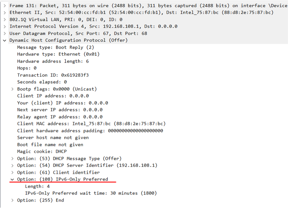 Figura 1 - Captura del flujo DHCP que muestra la interrupción del proceso DORA tras la indicación de la Opción 108, destacando la decisión del cliente de no continuar con la obtención de una dirección IPv4.