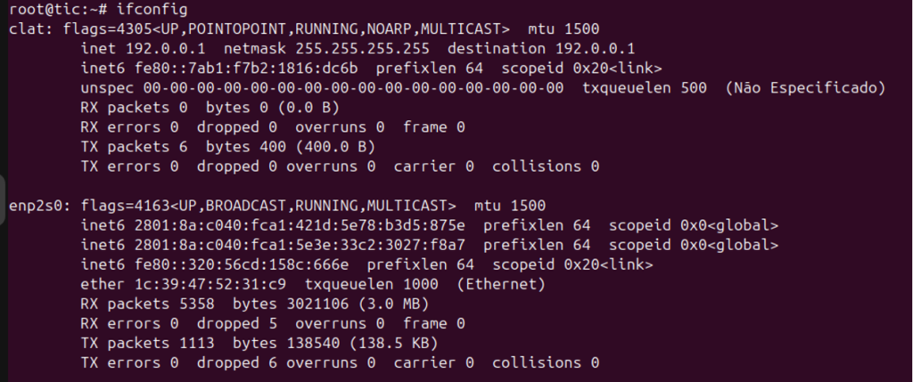 Ejecución de clatd en un entorno Linux que muestra la creación manual de la interfaz CLAT.