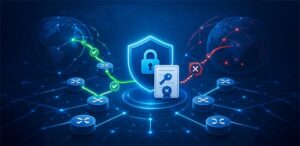 Ilustración conceptual de la validación de rutas BGP con objetos ASPA en RPKI para prevenir fugas de rutas y mejorar la seguridad del enrutamiento de Internet.