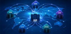 Ilustración de una red global de interconexión que muestra CDN, redes en la nube y redes de contenido conectadas a un punto de intercambio de tráfico (IXP).